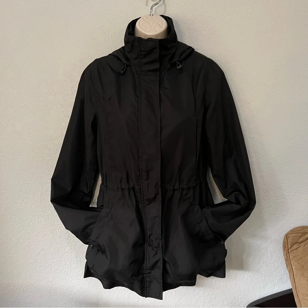 A New Day black mid length zipper snap hoodie windbreaker pockets cinch waist XS